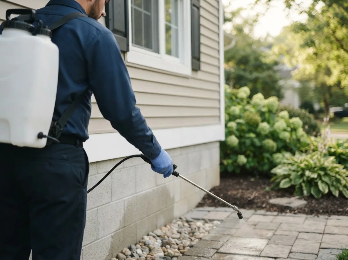 Pest control technician inspecting a home in Reedsville, WI